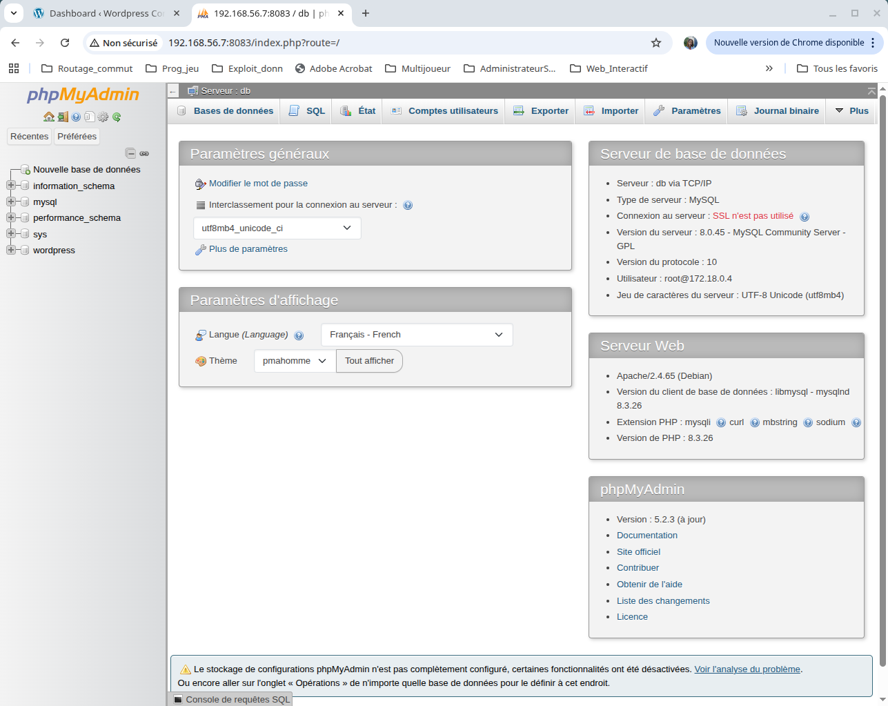 Interface phpMyAdmin avec la base WordPress